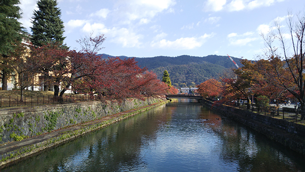 敷地南側（地下鉄東西線東山駅側）から、京都市京セラ美術館を目指して平安神宮の参道を北上すると、右手に東山の山並みが見えてくる。