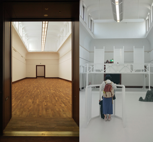 左は今回の改修後、右は以前の陳列室（「PARASOPHIA : 京都国際現代芸術祭 2015」開催時に撮影）。最低限の改修が行われているのがわかる。