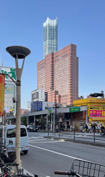 新宿駅西口側から見ると西武新宿ビル（1977年）越しに、ひときわ高くそびえる東急歌舞伎町タワーの上部が見える。