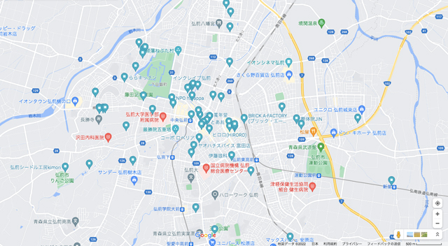 弘前市中心にある蟻塚さんが手がけた建築をプロットした地図（地図画像：Google）