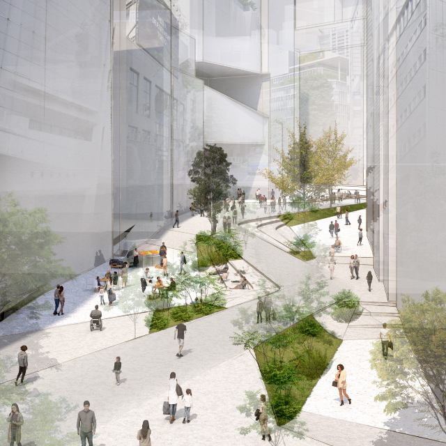 ALTEMYが最優秀賞に選定された「SHIBUYA PARK AVE. 2040 DESIGN COMPETITION」の案。道路空間につけた凹凸によって、階段で生まれる歩道や人が留まれる場が現れる。土の自然由来の素材を使った歩道は、都会のオアシス的な役割もできそうだ／ⒸALTEMY