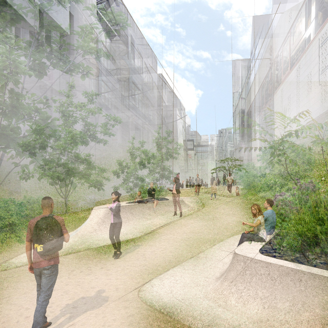 ALTEMYが最優秀賞に選定された「SHIBUYA PARK AVE. 2040 DESIGN COMPETITION」の案。道路空間につけた凹凸によって、階段で生まれる歩道や人が留まれる場が現れる。土の自然由来の素材を使った歩道は、都会のオアシス的な役割もできそうだ／ⒸALTEMY