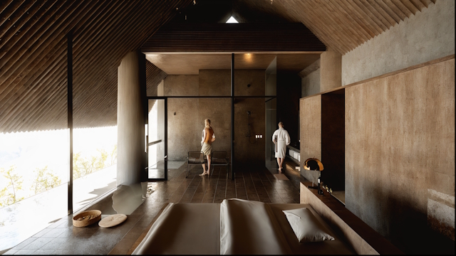 「ONEBIENT 比良」の室内の様子。手前左にお風呂、奥にはシャワーブースが備えられている 　