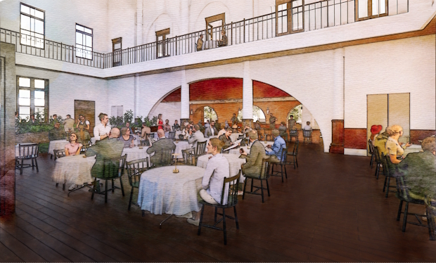 レストランのイメージ。元銀行のカウンターがあったスペースを使用している